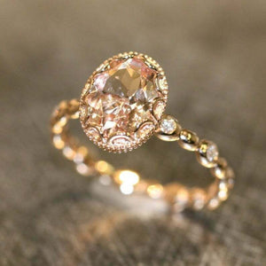 1.5ct Oval Cut Peach Morganite Diamond Accents Floral Ring 14k YellowGold Finish