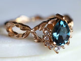 2ct Engagement Ring Pear Cut London Blue Topaz Leaves Accent 14k Rose Gold Over