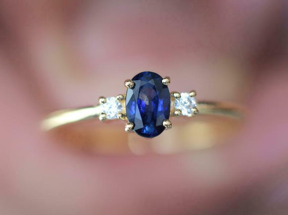 1ct Engagement Ring Oval Cut Blue Sapphire Three Stone 14k Yellow Gold Finish