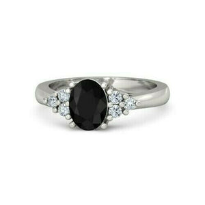 2Ct Oval Black Diamond Petite Round Accent Engagement Ring 14K White Gold Finish