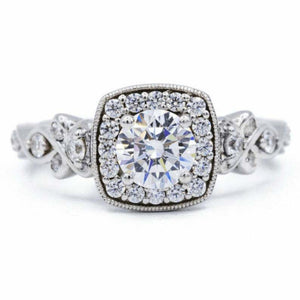 1.6ct Round Cut Diamond Halo Milgrain Vintage Inspired Ring 14k WhiteGold Finish