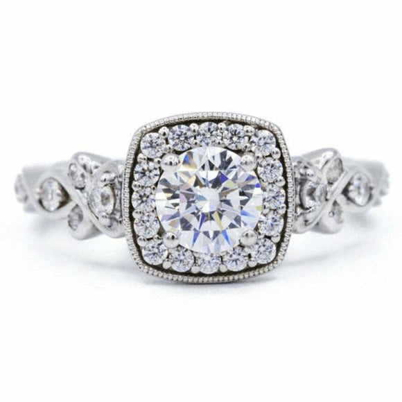 1.6ct Round Cut Diamond Halo Milgrain Vintage Inspired Ring 14k WhiteGold Finish