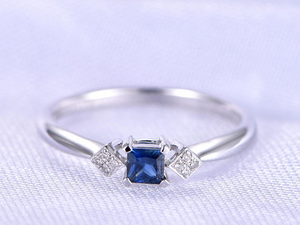 0.5ct Princess Blue Sapphire Diamond Accent Solitaire Ring 14k White Gold Finish