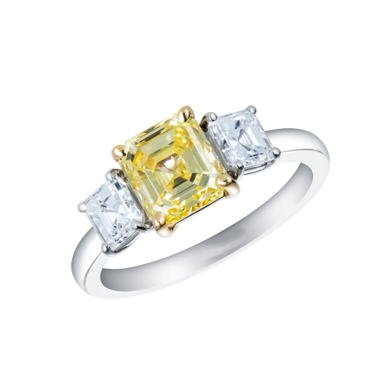 3Ct Asscher Cut Yellow Sapphire Diamond Three Stone Ring 14K White Gold Finish