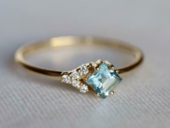 1ct Engagement Ring Asscher Cut Aquamarine Petite Minimalist 14k YellowGold Over