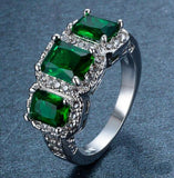 4Ct Radiant Cut Green Emerald Trilogy Halo Engagement Ring 14K White Gold Finish