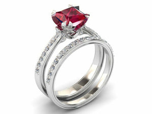 2ct Princess Cut Pink Ruby Bridal Set Band Engagement Ring 18k White Gold Finish