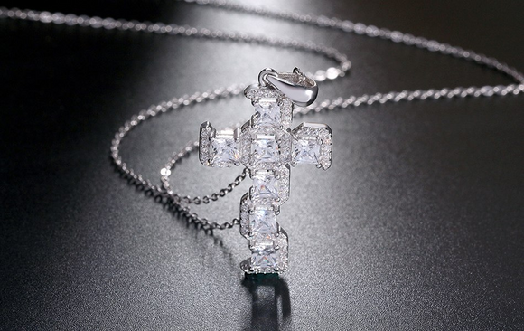 2.1ct Princess Cut Diamond Jesus Cross Shape Pendant Chain 14k White Gold Finish