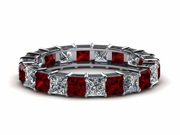 1.5ct Princess Cut Red Garnet Eternity Wedding Band Ring 14k White Gold Finish