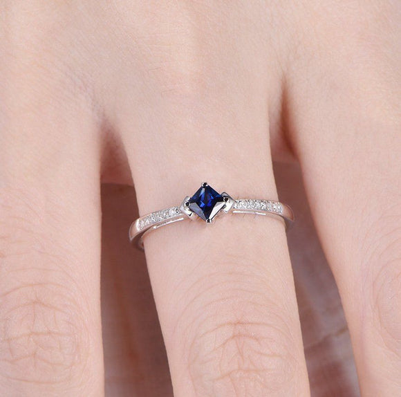 0.5ct Princess Cut Blue Sapphire Stacking Engagement Ring 14k White Gold Finish