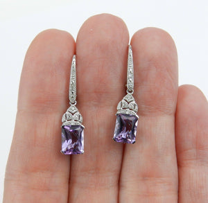 2ct Radiant Cut Purple Amethyst Milgrain Drop Earrings 14k White Gold Finish