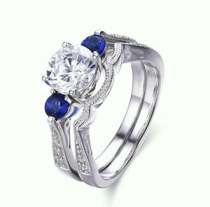 2ct Round Cut Diamond Blue Sapphire Bridal Set Trilogy Ring 14k WhiteGold Finish