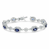 25ct Oval Cut Blue Sapphire Halo Floral Link Tennis Bracelet 14k White Gold Over