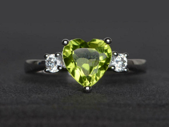 1.4ct Engagement Ring Heart Cut Green Peridot Three Stone 14k White Gold Finish