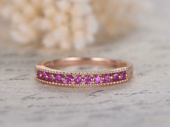 2ct Round Pink Sapphire Wedding Band Milgrain Half Eternity 14k Rose Gold Finish