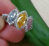 4Ct Marquise Cut Tricolor Three Stone Halo Engagement Ring 14K White Gold Finish