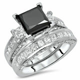 5Ct Princess Cut Black Diamond Stylish Bridal Set Band Ring 14K White Gold Over