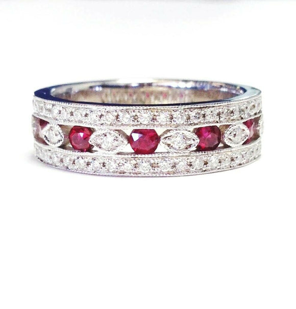 4Ct Round Cut Pink Ruby Diamond Filigree Wide Wedding Band 14K White Gold Finish