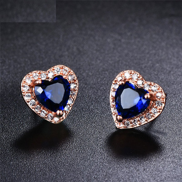 2ct Heart Cut Blue Sapphire Halo Heart Shape Stud Earrings 14k Rose Gold Finish