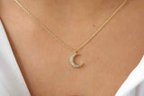 0.7ct Diamond Pendant with Chain Round Cut Crescent Moon 14k Yellow Gold Finish