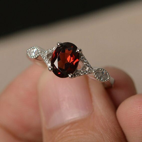 1.3ct Oval Cut Red Garnet Engagement Ring 14k White Gold Finish Unique Design