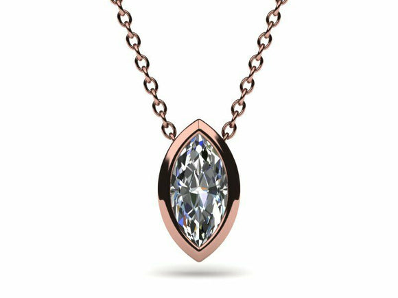 1ct Diamond Pendant Chain Marquise Cut Bezel Set Solitaire 14k Rose Gold Finish