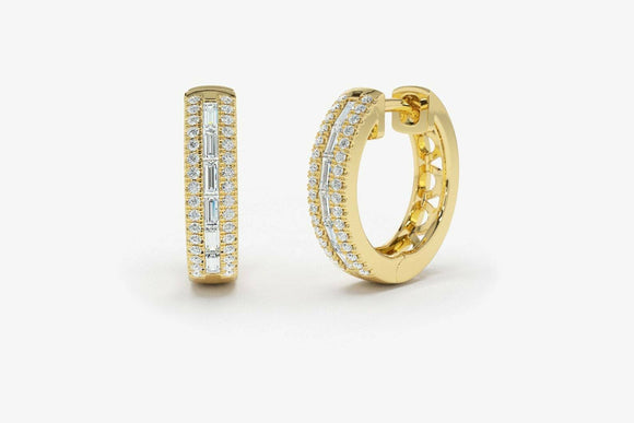 2ct Huggies Earrings Baguette Diamond Cluster Channel Set 14k Yellow Gold Finish