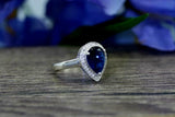 2ct Pear Cut Blue Sapphire Engagement Ring Halo Solitaire 14k White Gold Finish