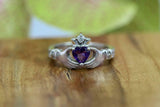 1ct Heart Purple Amethyst Engagement Ring Diamond Claddagh 14k White Gold Finish