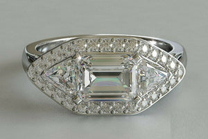 4ct Emerald Cut Diamond Engagement Ring Halo Trilogy Fancy 14k White Gold Finish