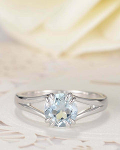 1ct Round Cut Blue Aquamarine Split Shank Solitaire Ring 14k White Gold Finish