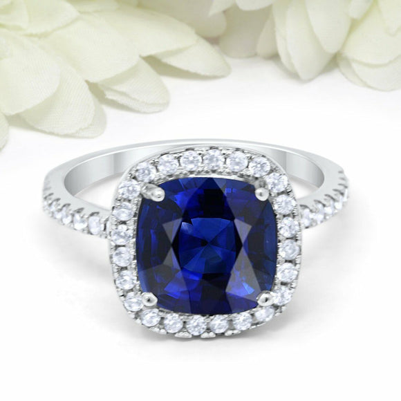 4.5Ct Cushion Cut Blue Sapphire Engagement Ring 14K White Gold Over Round Accent