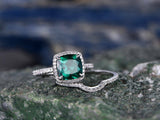 2.3Ct Cushion Cut Green Emerald Bridal Set Engagement Ring 14K White Gold Finish