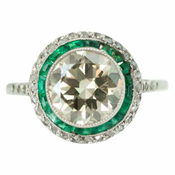 4Ct Round Diamond Emerald Vintage Art Deco Engagement Ring 14K White Gold Finish