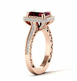 2.5ct Emerald Cut Red Garnet Halo Solitaire with Accent Ring 14k RoseGold Finish