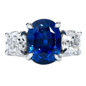 3.08ct Cushion Cut Blue Sapphire Engagement Ring Trilogy 14k White Gold Finish