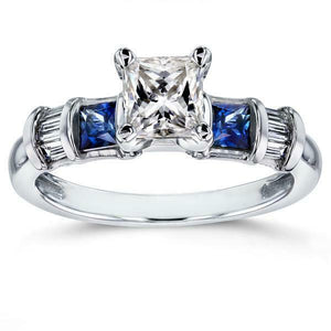 2.5Ct Princess Cut Diamond Sapphire Accent Engagement Ring 14K White Gold Finish