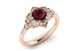 2.2ct Round Red Garnet Flower Milgrain Halo Engagement Ring 14k Rose Gold Finish