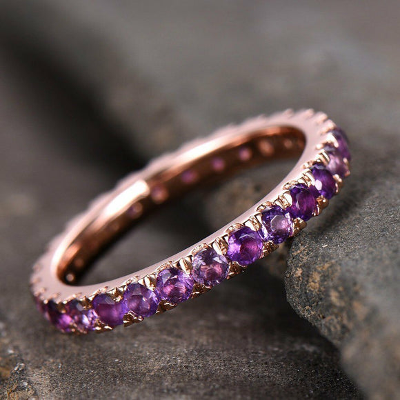 1.2ct Round Cut Purple Amethyst Eternity Wedding Band Ring 14k Rose Gold Finish