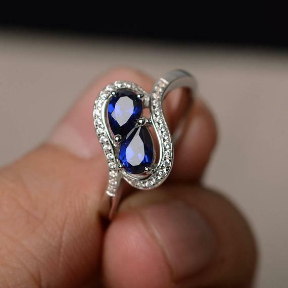 2ct Pear Cut Blue Sapphire Swirl Unique Engagement Ring 14k White Gold Finish