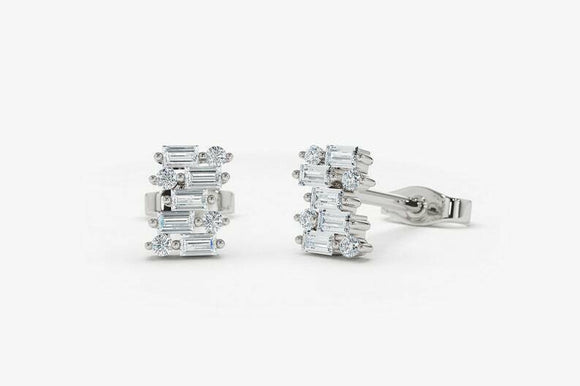 1.2ct Stud Earrings Baguette Cut Diamond Cluster Design 14k White Gold Finish