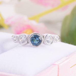 1.5ct Round Cut Blue Sapphire Five Stone Bezel Set Ring 14k White Gold Finish