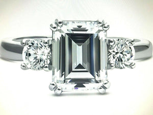 2Ct Emerald Cut Diamond Trilogy Solitaire Ring 14K White Gold Over Round Accents