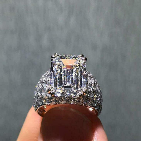 3Ct Emerald Cut Diamond Wide Cluster Shank Engagement Ring 14K White Gold Finish