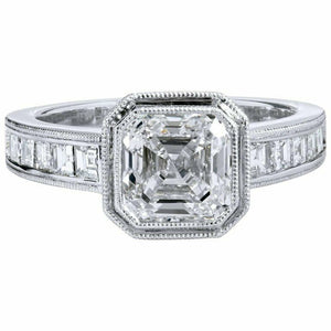 2ct Asscher Cut Diamond Hidden Halo Milgrain Engagement Ring 14k White Gold Over