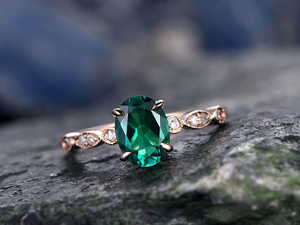 1.7ct Oval Green Emerald Engagement Ring Accent with Solitaire 14k RoseGold Over