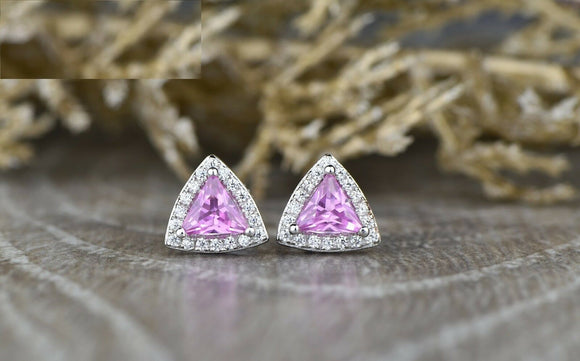 1ct Trillion Cut Pink Sapphire Halo Screw Back Stud Earrings 14k White Gold Over