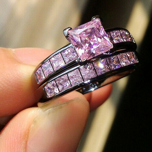 4Ct Princess Cut Pink Sapphire Bridal Set Solitaire Ring 14K Black Gold Finish