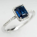 2Ct Emerald Cut Blue Sapphire Diamond Halo Engagement Ring 18K White Gold Finish