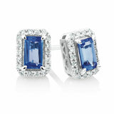 1ct Emerald Cut Blue Sapphire Halo Style Stud Earrings 14k White Gold Finish